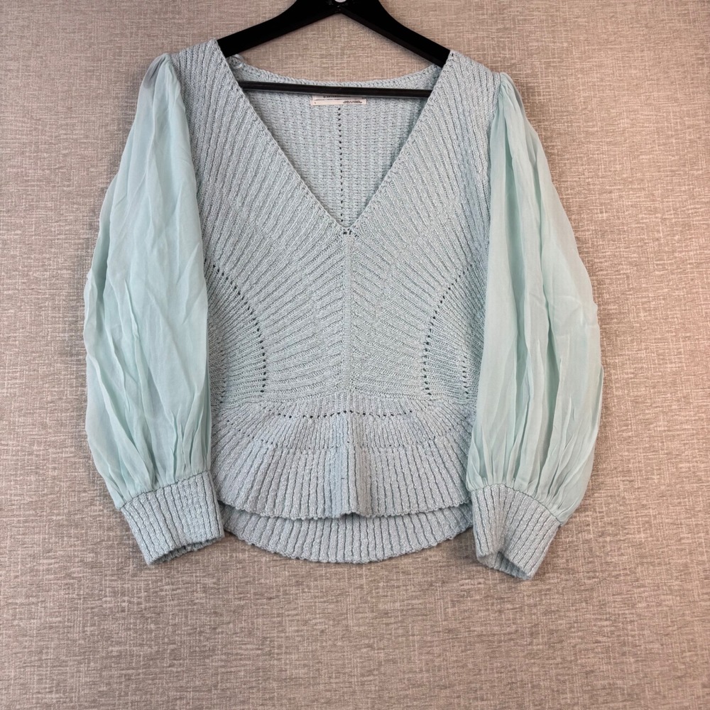 Anthropologie Women's Large Blue Knit V-Neck Sheer Sleeve Peplum Top *NWT*